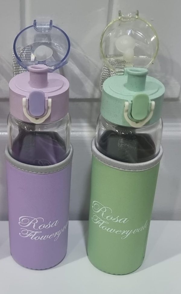 Rosa Flowery Glass Water Bottle With Protective Sleeve & Flip-top Cap (300ml) | Water Bottle | Glass Water Bottle |