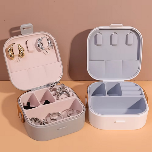 Jewelry Organizer Box | Portable Jewelry Storage Box | Sleek | Portable | Multi-functional Travel Jewelry Organizer | Durable | Compact Ring | Necklace | Earring Storage Boxes With Mirror | For Travel | Home | Gift Option – Random Color